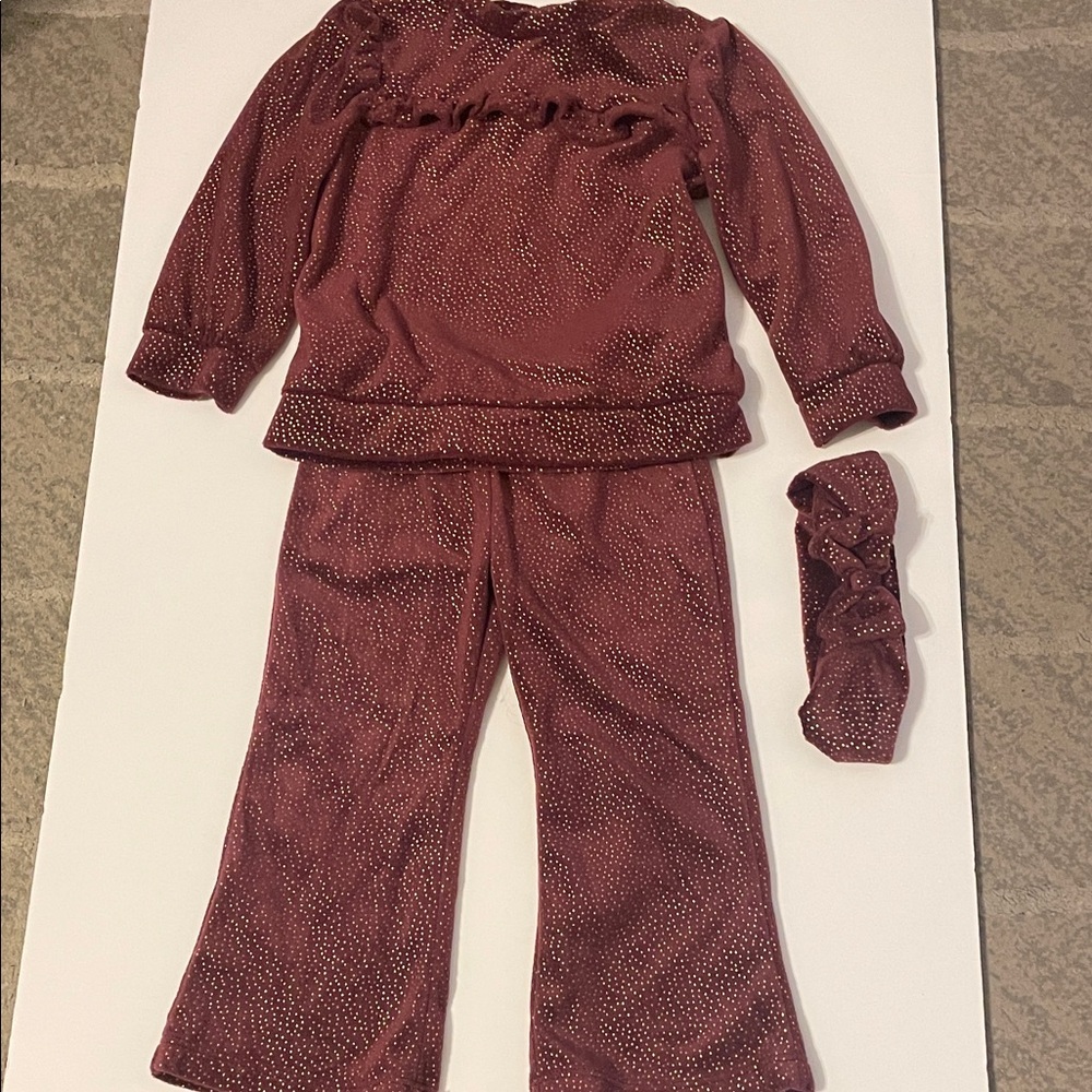 Little Lass Toddler Girl 2T Burgundy & Gold Long Sleeve Top Pants Set headband